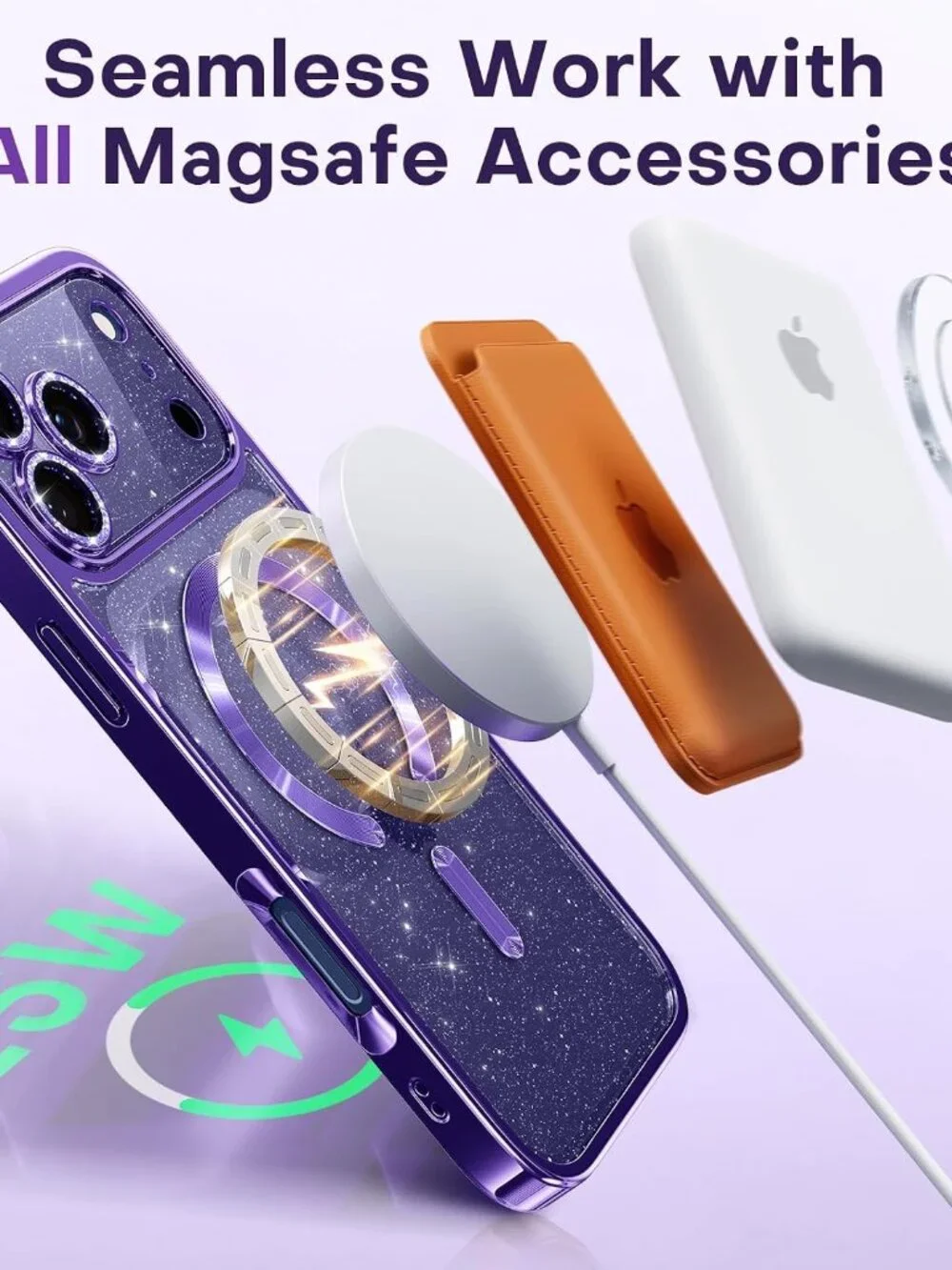 Glitter iPhone 17 Pro Case MagSafe Sparkly Bling Lens Protection Purple Cover